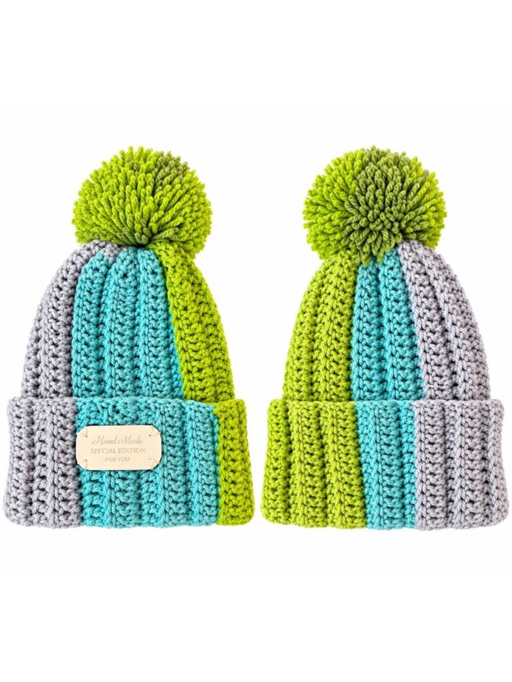 Handmade Crochet Knit Beanie Hat Gray Aqua Blue Lime Green with Pom Pom